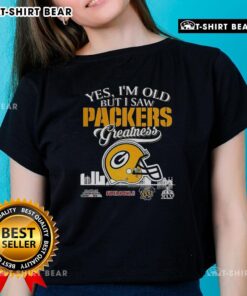 Green Bay Packers Super Bowl helmet skyline graphic on a ladies tee, celebrating classic football greatness.