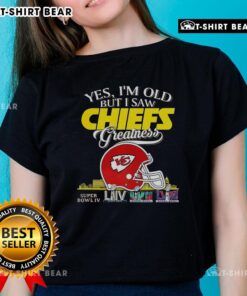 Official Kansas City Chiefs Super Bowl helmet skyline graphic on ladies' tee, celebrating vintage fandom and team greatness.