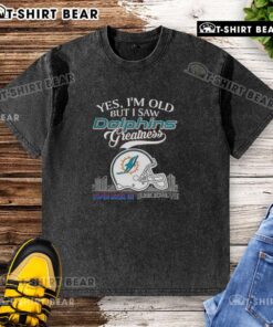 Miami Dolphins Super Bowl helmet skyline graphic on a washed t-shirt, celebrating old fans and team greatness.