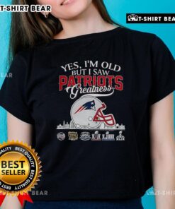 New England Patriots greatness tee featuring a Super Bowl helmet and skyline design for ladies celebrating football history.