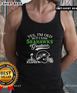 Alt Text: Seattle Seahawks greatness tank top featuring Super Bowl helmet and skyline design, perfect for fans celebrating age.