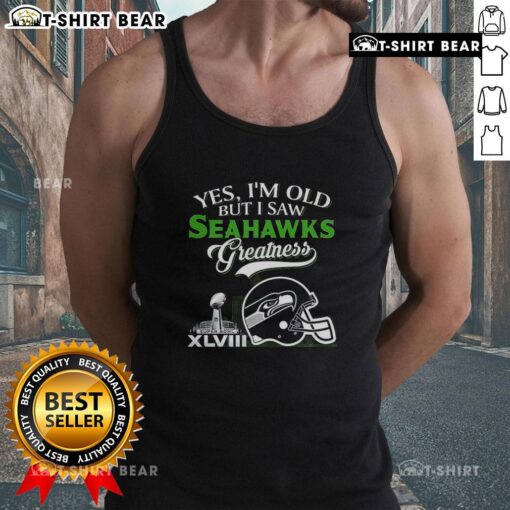 Alt Text: Seattle Seahawks greatness tank top featuring Super Bowl helmet and skyline design, perfect for fans celebrating age.
