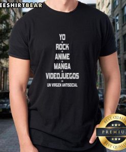 Official Yo Rock Anime Manga Videojuegos Un Virgen Antisocial T-Shirt featuring vibrant graphic design and bold text.