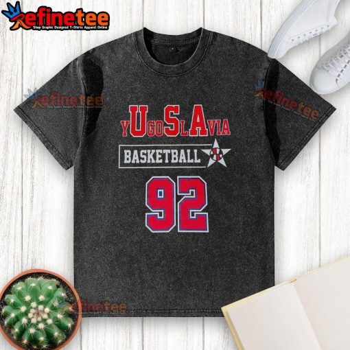 Official yUgoSlAvia Basketball 92 Washed T-Shirt featuring vintage design and comfortable fit, perfect for sports fans.