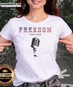 Original A True Patriot Freedom 1993-2025 USA printed Charlie Kirk ladies tee showcasing patriotic design.