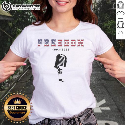 Original A True Patriot Freedom 1993-2025 USA printed Charlie Kirk ladies tee showcasing patriotic design.