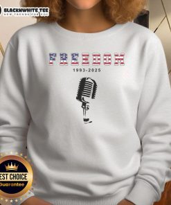 Alt Text: Charlie Kirk sweatshirt featuring 'Original A True Patriot Freedom 1993-2025 USA' print, perfect for patriotic apparel.