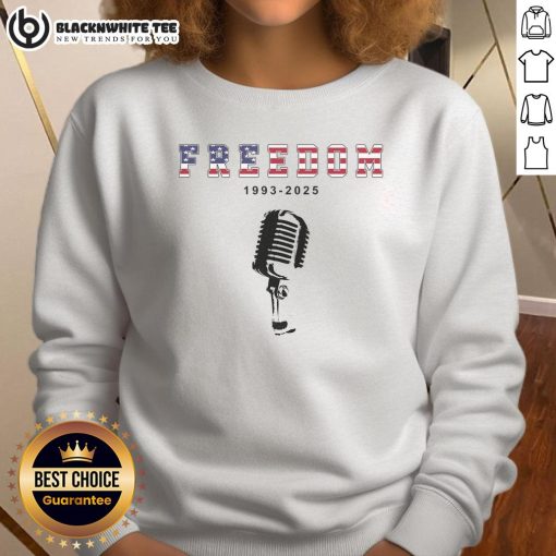 Alt Text: Charlie Kirk sweatshirt featuring 'Original A True Patriot Freedom 1993-2025 USA' print, perfect for patriotic apparel.