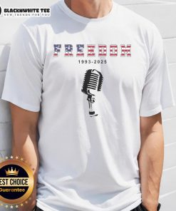 Alt Text: Original A True Patriot Freedom 1993-2025 USA printed Charlie Kirk T-shirt featuring bold patriotic design.