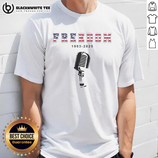 Alt Text: Original A True Patriot Freedom 1993-2025 USA printed Charlie Kirk T-shirt featuring bold patriotic design.