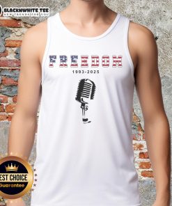 Alt Text: Original A True Patriot Freedom 1993-2025 USA printed tank top by Charlie Kirk, showcasing patriotic design.