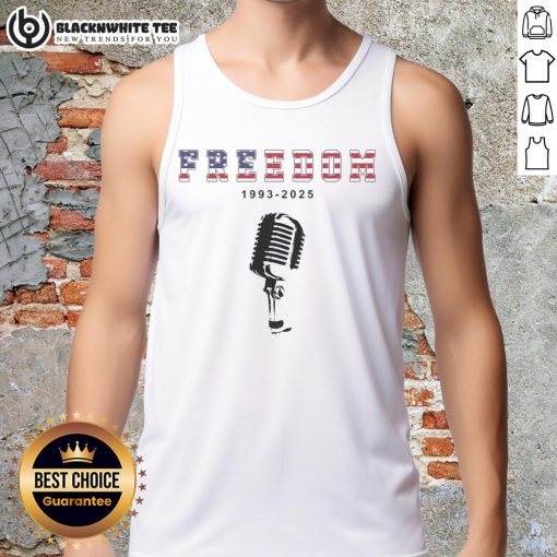 Alt Text: Original A True Patriot Freedom 1993-2025 USA printed tank top by Charlie Kirk, showcasing patriotic design.