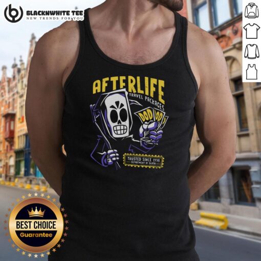 Original Afterlife Travel Packages tickets tank top design, trusted since 1998, showcasing vibrant graphics and quality fabric.