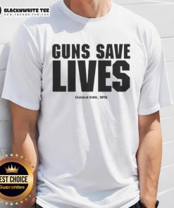 Original Charlie Kirk Guns Save Lives T-Shirt from 2018 featuring bold graphics and pro-Second Amendment message.