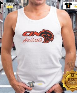 Alt Text: Original Cincinnati Bearcats Dodge Hellcat logo tank top featuring bold graphics and a comfortable fit for fans.