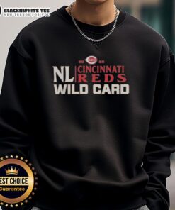 Alt Text: Original Cincinnati Reds 2025 National League Wild Card baseball sweatshirt featuring team colors and logo.