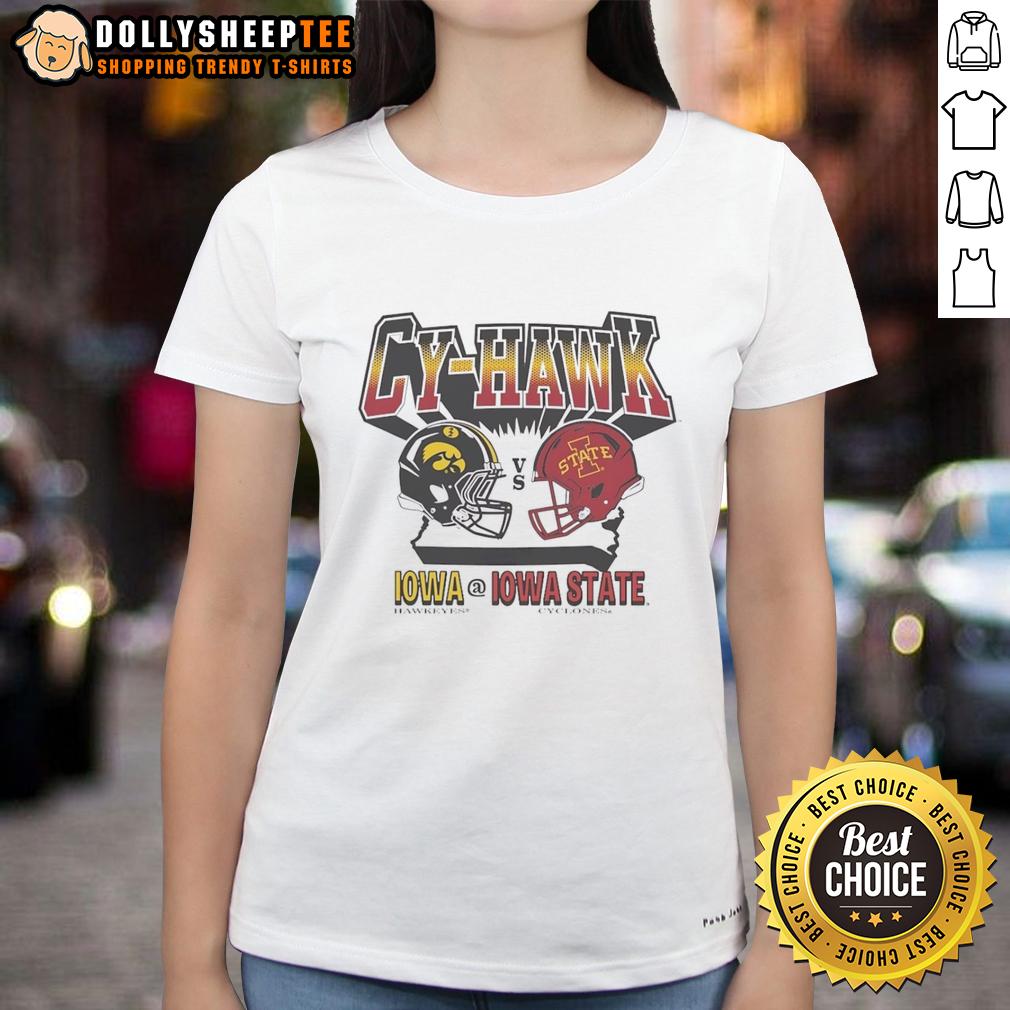 Original Cy Hawk Iowa Hawkeyes Vs Iowa State Cyclones Helmet Ladies Tee Alt Text: Original Cy Hawk Iowa Hawkeyes vs Iowa State Cyclones helmet graphic on a ladies tee shirt.