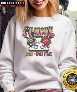 Alt Text: Original Cy Hawk Iowa Hawkeyes vs Iowa State Cyclones helmet sweatshirt showcasing team logos and colors.