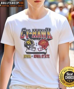 Original Cy-Hawk Iowa Hawkeyes vs Iowa State Cyclones helmet t-shirt featuring team logos and vibrant colors.