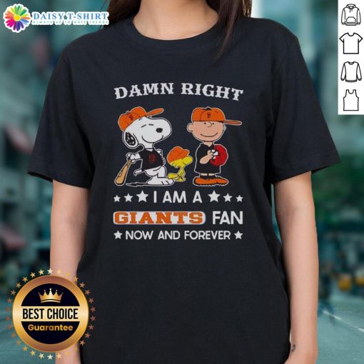 Alt Text: Original Giants fan tee featuring Snoopy and Charlie Brown, perfect for ladies showing team spirit now and forever.