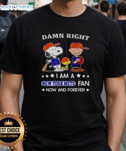 Alt Text: Original Damn Right I Am A Mets Fan Now And Forever T-Shirt featuring Snoopy and Charlie Brown design.