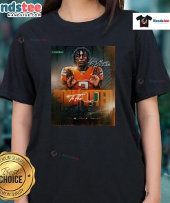 Alt Text: Original De Marcus De Roche committed to the Miami Hurricanes ladies tee featuring team colors and logo.