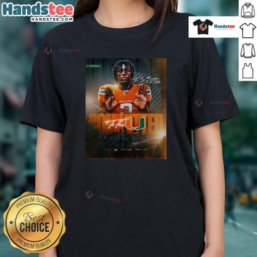 Alt Text: Original De Marcus De Roche committed to the Miami Hurricanes ladies tee featuring team colors and logo.