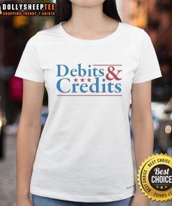 Original Debits and Credits logo on a stylish ladies tee, perfect for finance enthusiasts and casual wear.