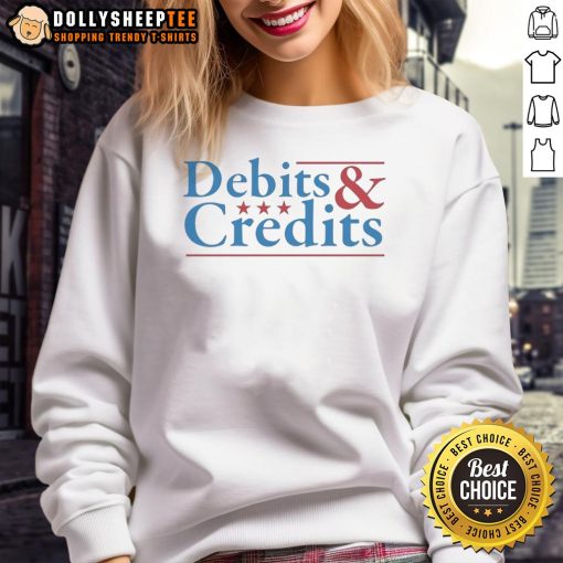 Original Debits and Credits logo sweatshirt featuring bold graphic design, perfect for finance enthusiasts.