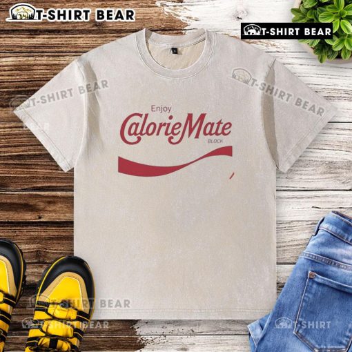 Original Enjoy Calorie Mate Block washed t-shirt featuring a vintage design and soft fabric for casual wear.