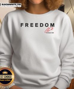 Alt Text: Original Fight For Freedom Charlie Kirk 1993-2025 red signature tribute sweatshirt displayed on a hanger.