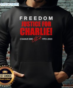 Red hoodie tribute to Charlie Kirk (1993-2025) featuring 'Original Freedom Justice' design, perfect for supporters.