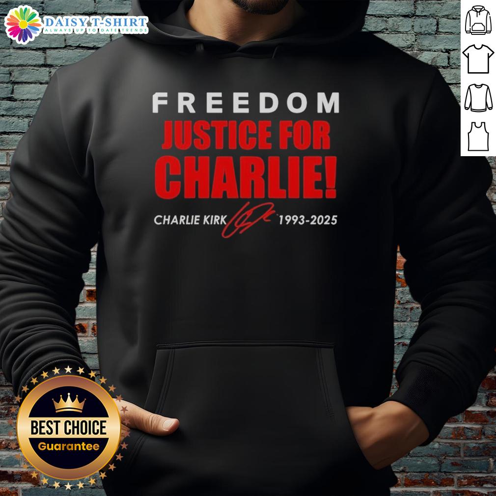 Original Freedom Justice For Charlie Kirk 1993-2025 Red Signature Tribute Hoodie Red hoodie tribute to Charlie Kirk (1993-2025) featuring 'Original Freedom Justice' design, perfect for supporters.