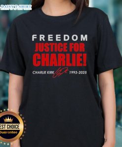 Original Freedom Justice for Charlie Kirk 1993-2025 red signature tribute ladies tee showcasing bold design and message.