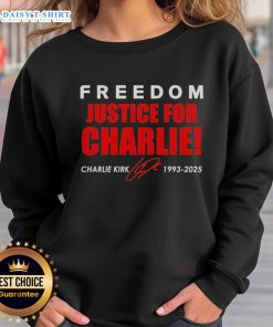 Original Freedom Justice for Charlie Kirk 1993-2025 Red Signature Tribute Sweatshirt showcasing bold design and tribute details.