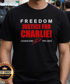 Original Freedom Justice For Charlie Kirk 1993-2025 red tribute t-shirt featuring bold signature design.