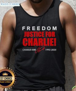 Alt Text: Red tank top featuring 'Original Freedom Justice For Charlie Kirk 1993-2025' signature tribute design.