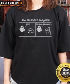 Alt Text: Original horror story about scaring a cyclist, featuring a 'Boo Strava Didn't Start' ladies tee design.