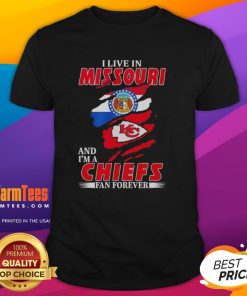 Alt Text: Original I Live In Missouri And I'M A Chiefs Fan Forever Inside Me T-Shirt design showcasing team pride and local spirit.