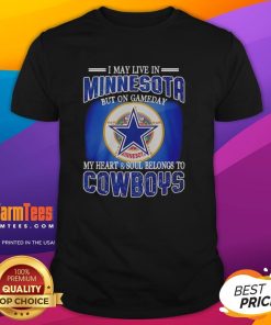 Alt Text: I May Live In Minnesota But Gameday My Heart Belongs To Dallas Cowboys Fans T-Shirt design featuring team colors.