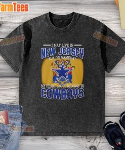 Original washed t-shirt for Dallas Cowboys fans, showcasing pride for the team despite living in New Jersey on game day.