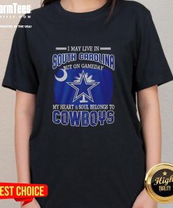 Dallas Cowboys fans ladies tee for game day, showcasing pride for the team while living in South Carolina.