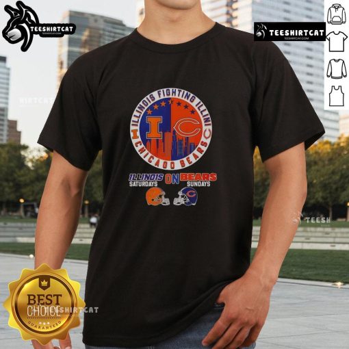 Alt Text: Original Illinois Fighting and Chicago Bears T-shirt featuring city skyline logo for Saturdays on Sundays.