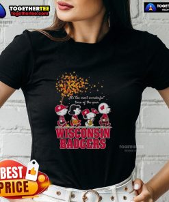 Alt Text: Wisconsin Badgers ladies tee featuring 'It's The Most Wonderful Time Of The Year' design, perfect for fans.