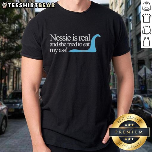 Funny 'Original Loch Ness Nessie Is Real' T-Shirt design featuring Nessie humorously trying to eat someone's backside.