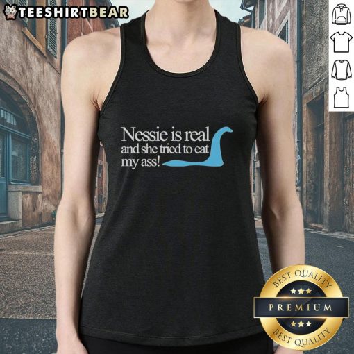 Original Loch Ness Nessie Is Real Tank Top featuring a playful design of Nessie trying to eat a persons backside.