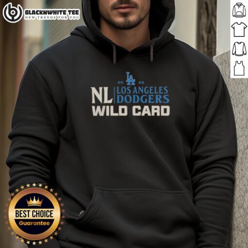 Original Los Angeles Dodgers 2025 National League Wild Card baseball hoodie in blue with team logo and stylish design.