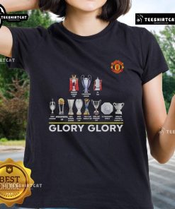 Original Manchester United Glory Glory Trophy Ladies Tee featuring club logo and vibrant design for fans.