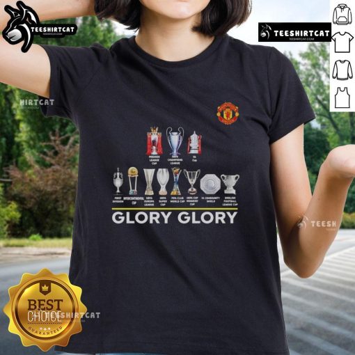 Original Manchester United Glory Glory Trophy Ladies Tee featuring club logo and vibrant design for fans.