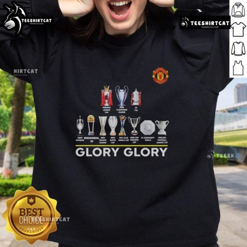 Alt Text: Original Manchester United Glory Glory Trophy Sweatshirt featuring team colors and iconic logo, perfect for fans.